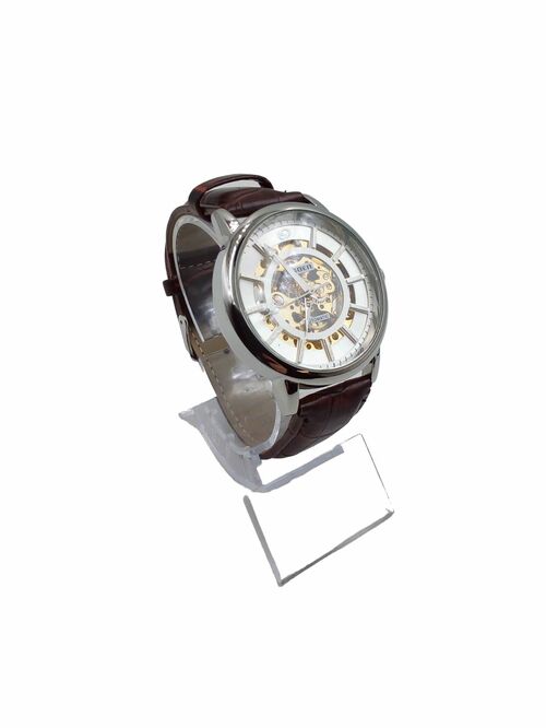 Наручные часы мужские механические T-GOER скелетон серебристый циферблат коричневый кожаный ремешок