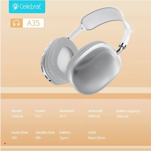 Наушники Celebrat A35 накладные, Bluetooth, микрофон, серебро - 3