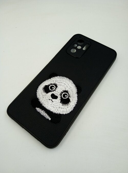 Накладка Samsung A15 черный с вышивкой и защитой камеры силикон+кожа Животные Панда