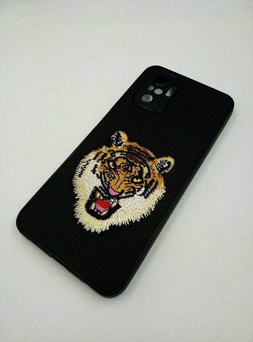 Накладка Samsung A54 черно-желтый с вышивкой и защитой камеры силикон+кожа Животные Тигр