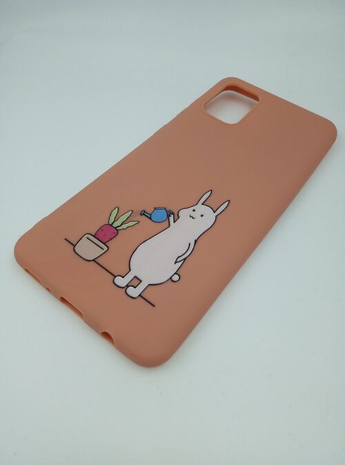 Накладка Samsung A41 оранжевый матовый силикон Животные Зайцы/Кролики с лейкой