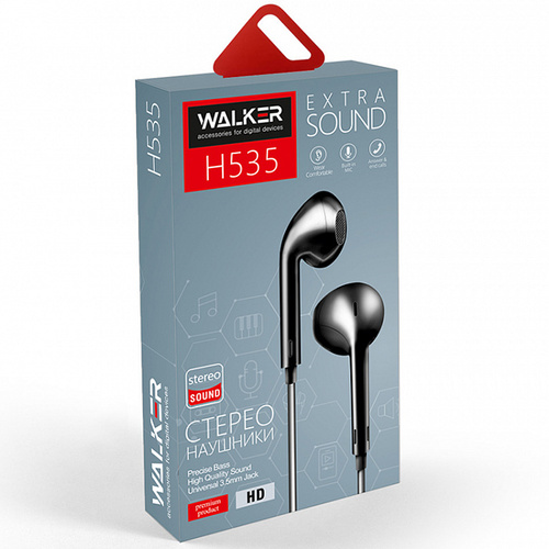Наушники Walker H535 вкладыши, проводные, Jack 3.5, микрофон, черный