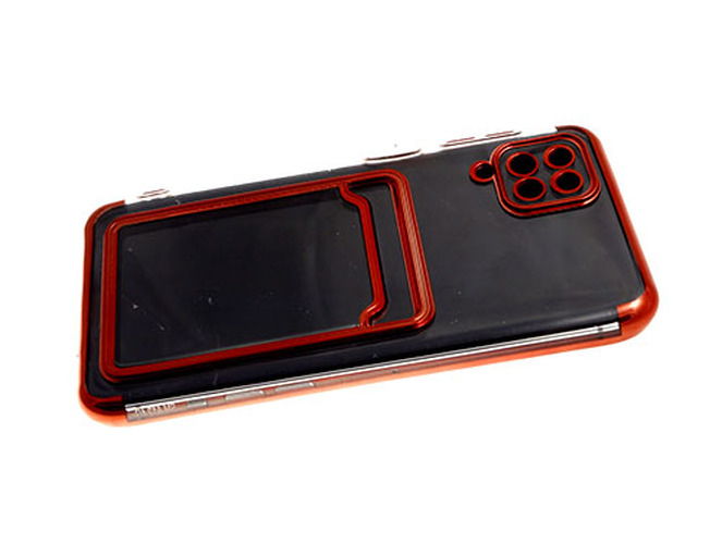 Накладка Apple iPhone 12 Pro прозрачный бампер красный силикон с металлическим ободком и визитницей