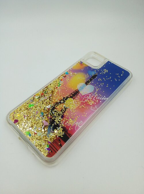 Накладка Huawei Honor 9A розово-синий с блестками силикон Переливашки Эйфелева башня Je T aime