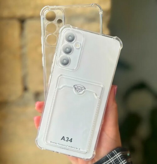 Накладка Samsung A34 прозрачный с визитницей и защитой камеры силикон С кардхолдером