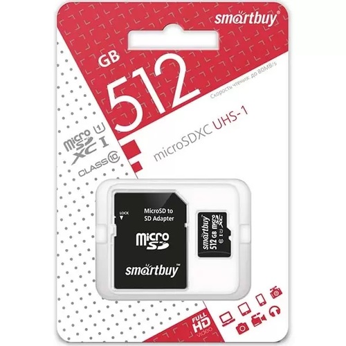 Карта памяти micro SD SmartBuy 512GB Класс 10 80 Mb/s c адаптером