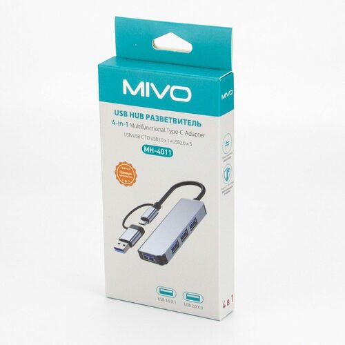 USB разветвитель Mivo MH-4011 4 порта, USB 3.0 TYPE-C + USB переходник, металл - 4