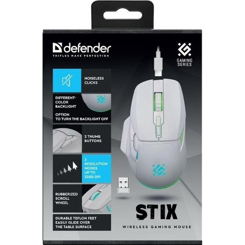 Мышь Defender Stix беспроводная оптическая игровая с подсветкой 3200 dpi белый 6 кнопок, питание АКБ - 2