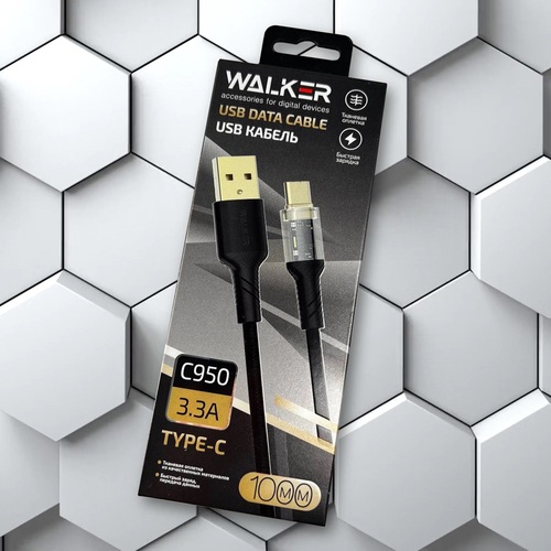 Кабель USB - Type-C Walker C950 текстиль черный круглый 3.3А 1 м.