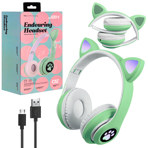 Наушники JBH Cat STM-28 накладные, Bluetooth, микрофон, подсветка, зеленый