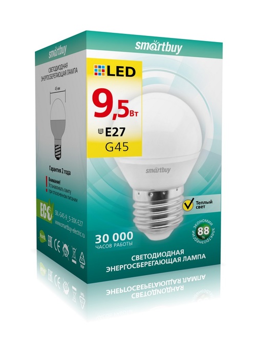 Лампочка светодиодная Smartbuy G45 E27 9,5W теплый свет
