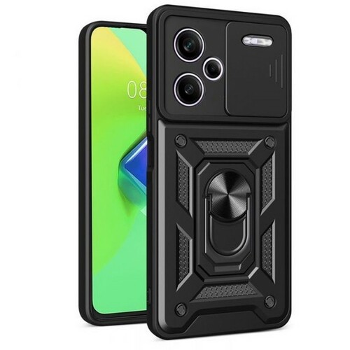 Накладка Xiaomi Redmi Note 13 Pro Plus черный с защитой камеры силикон+пластик Armor Case Противоударный кольцо-подставка + магнитный держатель