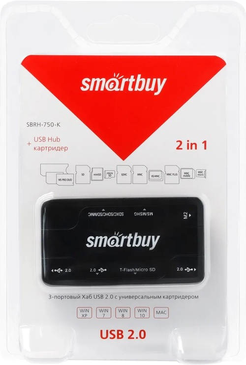 Картридер Smartbuy SBRH-750-K USB 2.0, microSD/SD/MMC/MS/M2 черный + HUB 3хUSB2.0