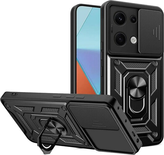 Накладка Xiaomi Redmi 9A черный со шторкой на камере силикон+пластик DISCOVER Противоударный кольцо-подставка + магнитный держатель