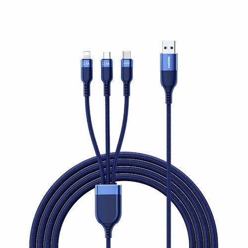 Кабель USB - 8 pin Lightning+Micro usb+Type-C Remax RC-C068 текстиль синий круглый 6A 1,2 м. 3в1