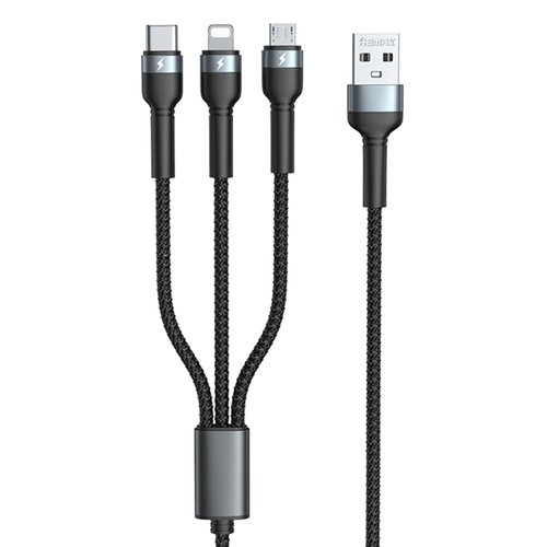 Кабель USB - 8 pin Lightning+Micro usb+Type-C Remax RC-124TH текстиль черный круглый 3.1A 1,2 м. 3в1