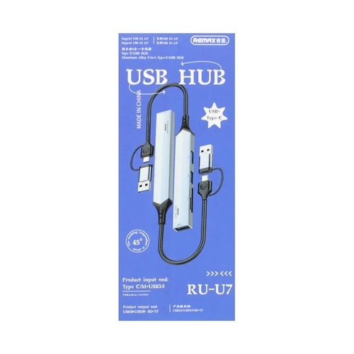 USB разветвитель Remax RU-U7 3 порта, USB 3.0 + переходник TYPE-C, microSD/SD, металл