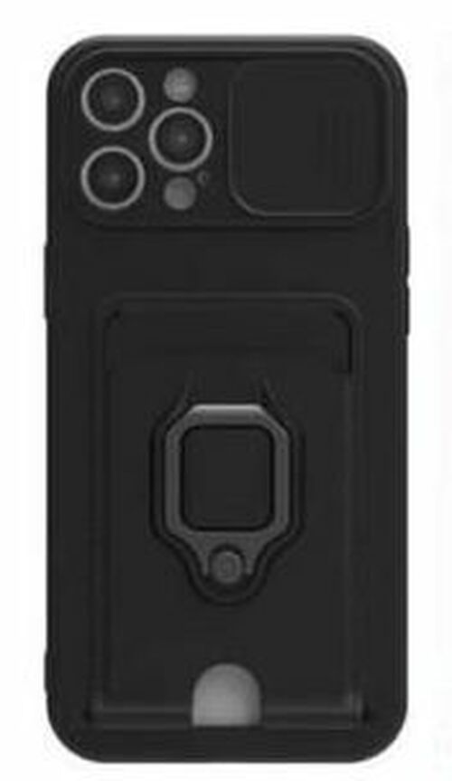 Накладка Apple iPhone 13 черный с визитницей и защитой камеры силикон Кольцо-подставка + магнитный держатель Раздвижное окно