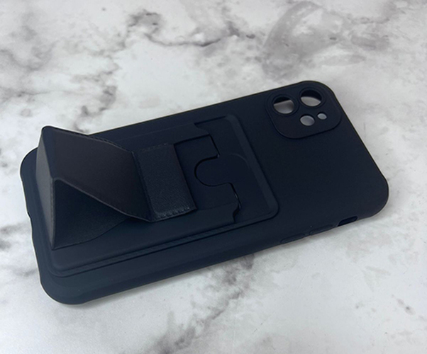 Накладка Apple iPhone 14 Pro черный с визитницей и защитой камеры силикон+кожа Подставка с магнитом