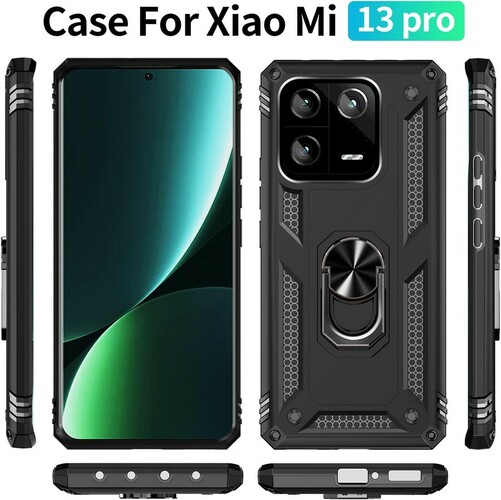 Накладка Xiaomi 13 Pro черный силикон+пластик Armor Case Противоударный кольцо-подставка + магнитный держатель