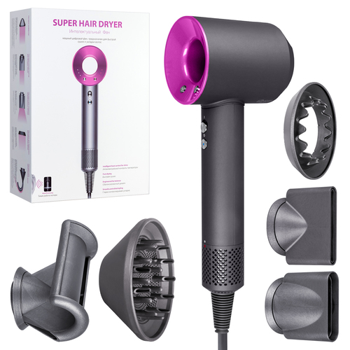 Фен для волос SUPER HAIR DRYER Серый с розовым 6 в 1 (5 насадок)