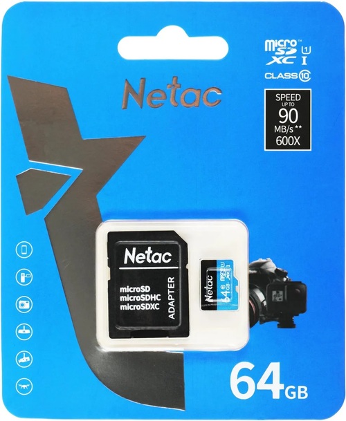 Карта памяти micro SD Netac 64GB Класс 10 P500 c адаптером