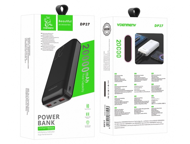 Внешний аккумулятор 20000 mAh Denmen DP37 2USB+Type-C белый LED индикатор