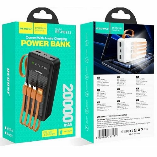 Внешний аккумулятор 20000 mAh RECRSI PB-211 USB/microUSB/Type-C/Lightning черный