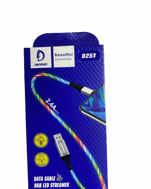 Кабель USB - Type-C Denmen D25 серебро круглый 2.4A 1 м. светящийся