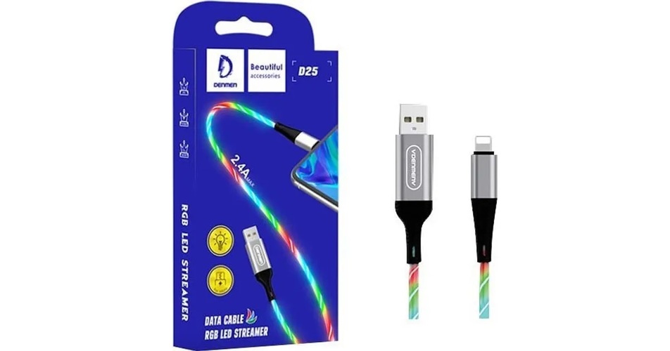 Кабель USB - 8 pin Lightning Denmen D25 красный круглый 2.4A 1 м. светящийся