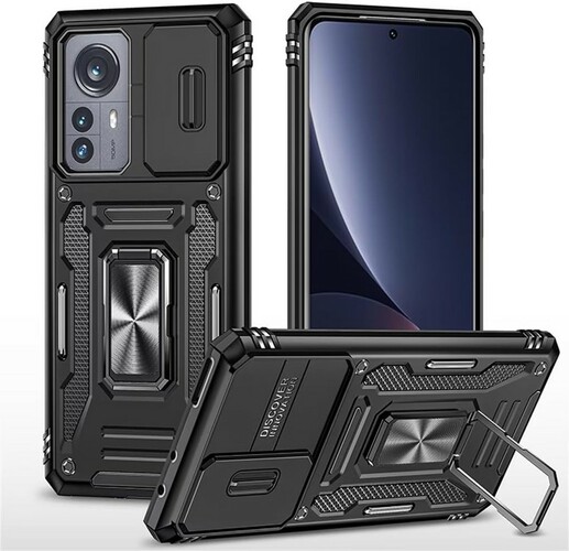 Накладка Xiaomi Poco X5 5G/Redmi Note 12 5G черный со шторкой на камере силикон+пластик DISCOVER Противоударный кольцо-подставка + магнитный держатель
