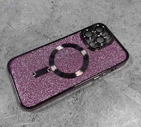 Накладка Apple iPhone 15 Pro сиреневый с блестками и стеклами на камере силикон SafeMag