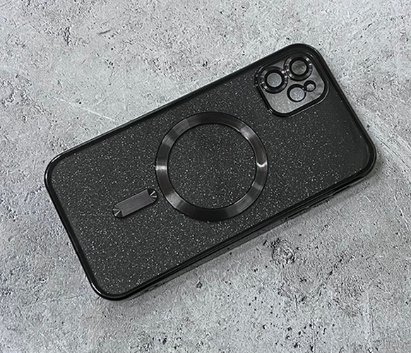 Накладка Apple iPhone 15 Pro Max черный с блестками и стеклами на камере силикон SafeMag