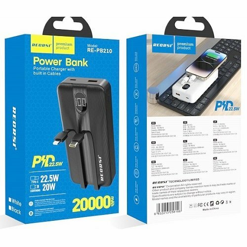 Внешний аккумулятор 20000 mAh RECRSI PB-210 USB/Type-C/Lightning черный PD