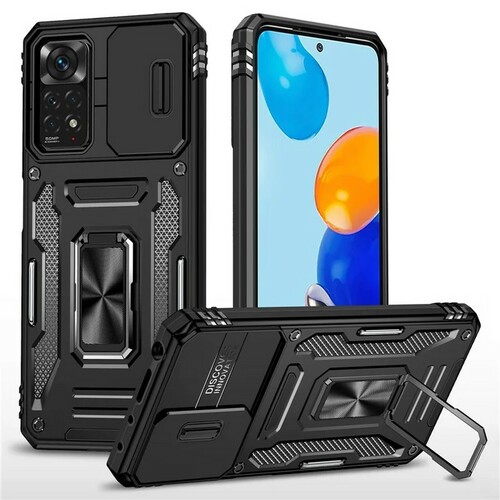Накладка Xiaomi Redmi Note 12S черный со шторкой на камере силикон+пластик DISCOVER Противоударный кольцо-подставка + магнитный держатель