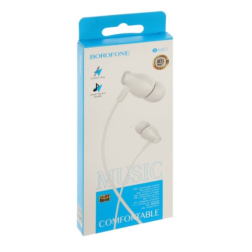 Наушники Borofone BM61 Wanderer вакуумные, проводные, Jack 3.5, микрофон, белый