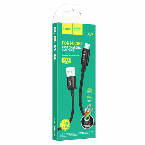 Кабель USB - micro USB HOCO X89 текстиль черный круглый 2.4A 1 м.