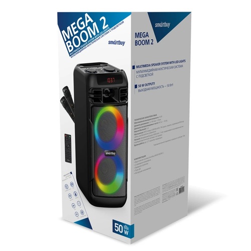 Колонка Напольная Smartbuy MEGA BOOM 2 SBS-5600 TF/AUX/Radio/USB/bluetooth 50Вт черный 2 микрофона, пду