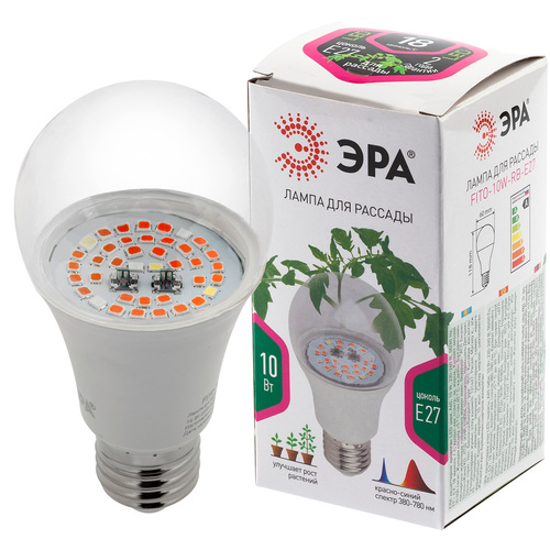 Лампочка светодиодная ЭРА A60 E27 10W фитолампа красно-синий спектр