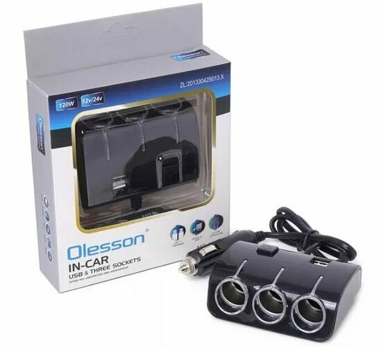 Разветвитель прикуривателя 3 гнезда 2USB OLESSON 1506