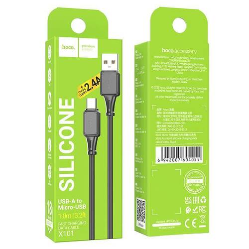 Кабель USB - micro USB HOCO X101 силикон серый круглый 2.4A 1 м.