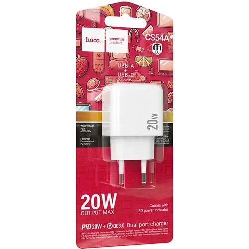 Сетевое зарядное устройство HOCO CS54A 1USB+USB Type-C белый 3A 20W