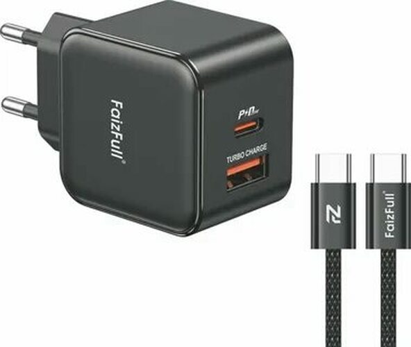 Сетевое зарядное устройство FaizFull FC176 1USB+USB Type-C черный Type-C 3A 25W