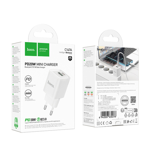Сетевое зарядное устройство HOCO C147A 1USB+USB Type-C белый 3A 20W