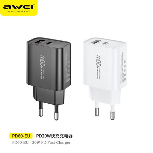 Сетевое зарядное устройство Awei PD60 1USB+USB Type-C черный 3A 20W