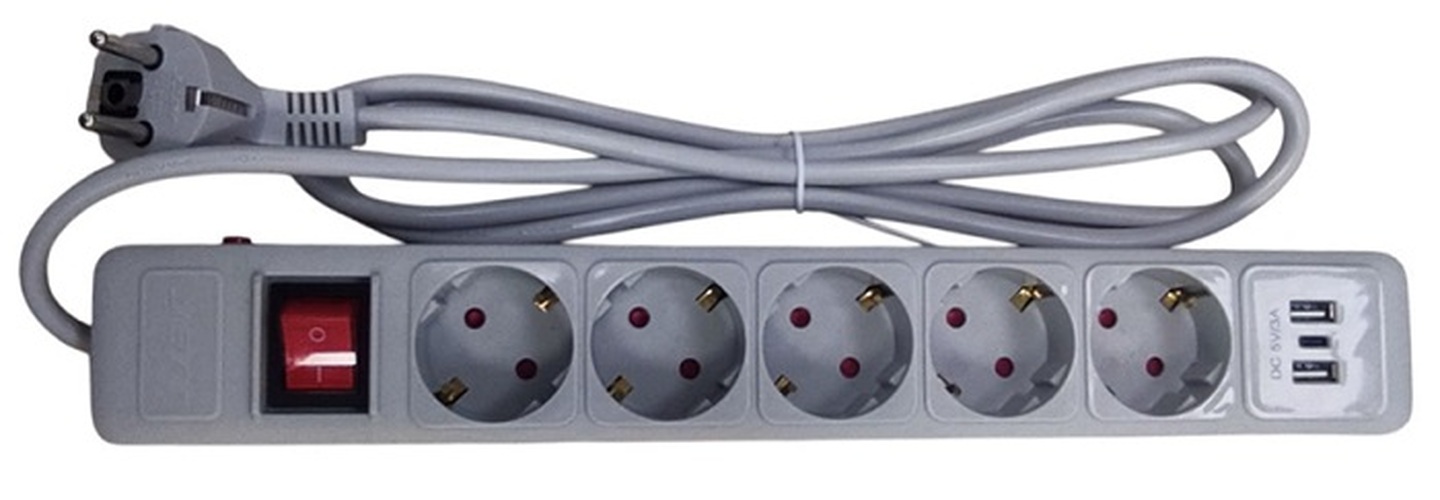 Сетевой фильтр JETT серый 5 м 5 розеток + 2 USB + 1 TYPE-C 2.0 3500W 16A