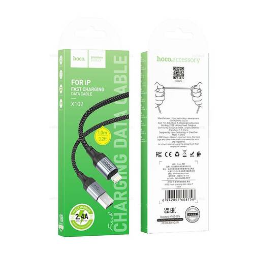 Кабель USB - 8 pin Lightning HOCO X102 текстиль черный 2.4A 1 м.