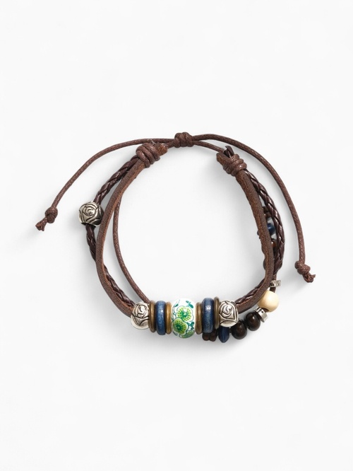 Браслет кожа «Хиппи» бусина коричневый