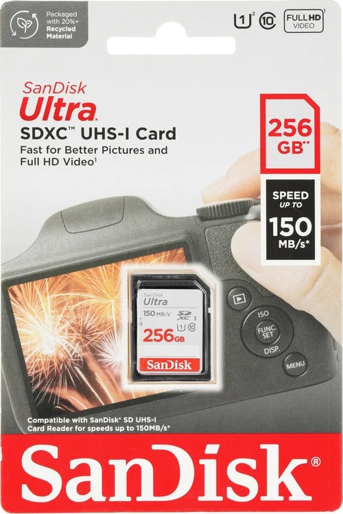 Карта памяти SD Sandisk 256GB Класс 10 Ultra 150 Mb/s