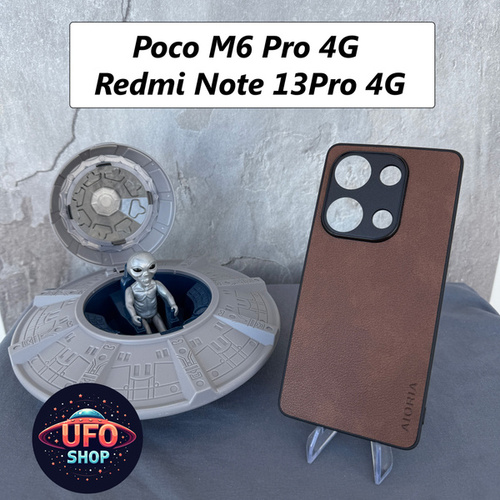 Накладка Xiaomi Poco M6 Pro 4G/Redmi Note 13 Pro 4G/Note 14S коричневый кожзам пластик Однотонный